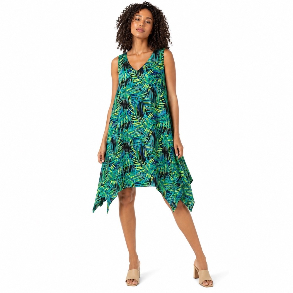 Catherines Tropical Green & Blue Asymmetrical Handkerchief Hem Dress